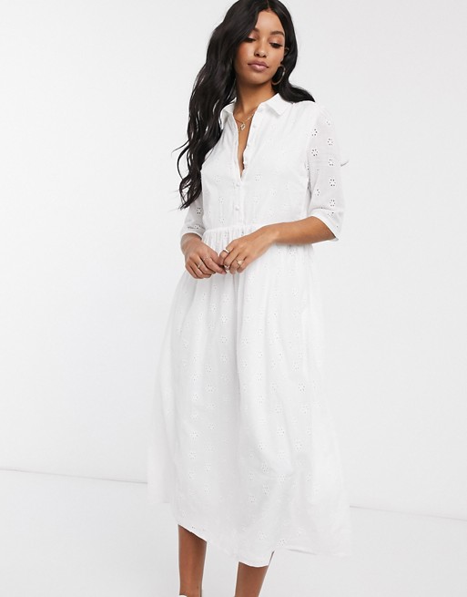 Missguided broderie midi shirt smock dress in white