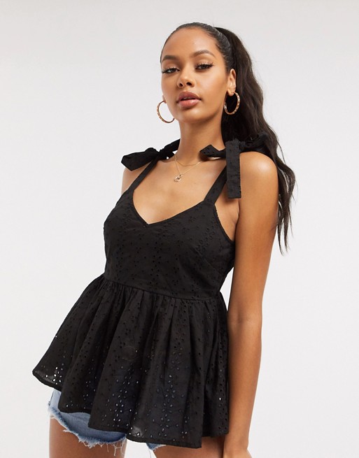 Missguided broderie smock top with tie straps in black