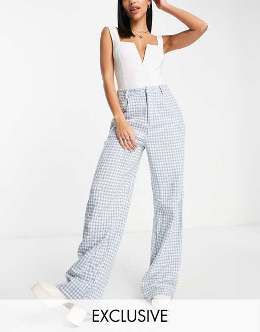 Missguided - Broek met wijde pijpen en blauwe pied-de-poule, deel van co-ord set