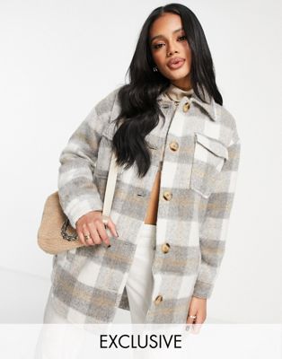 Missguided brushed check shacket in grey
