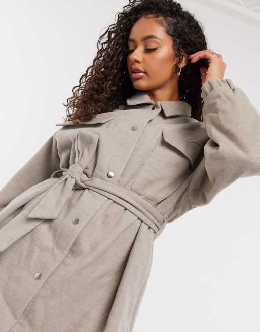 Missguided brushed tie waist jacket in gray