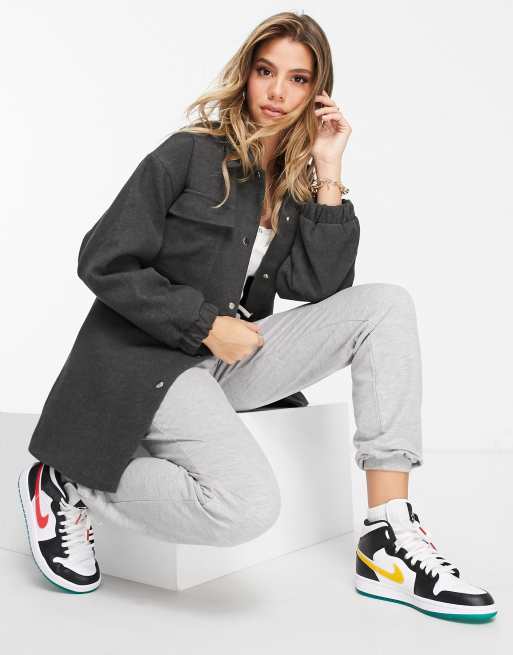 Missguided brushed tie waist shacket in charcoal