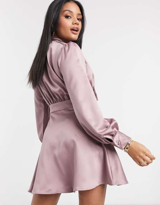 Missguided button detail satin dress in pink ASOS