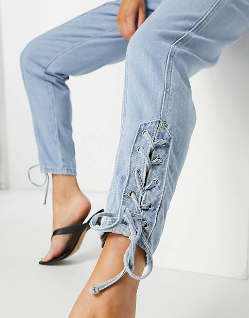 Women Missguided button fly lace up hem mom jeans in blue 