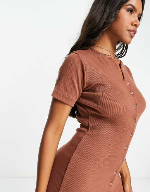 Missguided button front mini dress with short sleeves in chocolate, 3 of 4