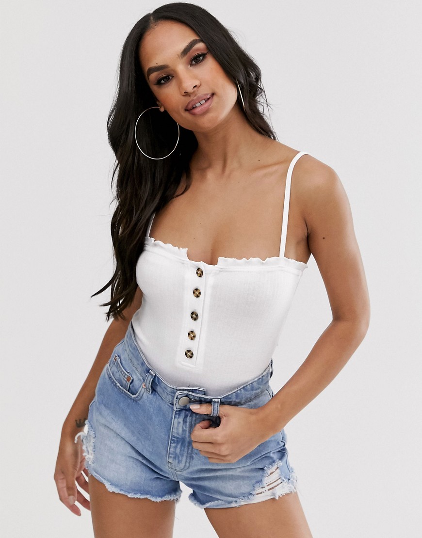 Missguided button front strappy body with lettuce hem in white