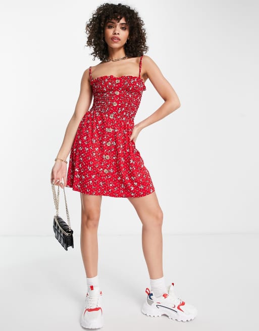 Missguided button shirred skater cami floral dress in red ASOS