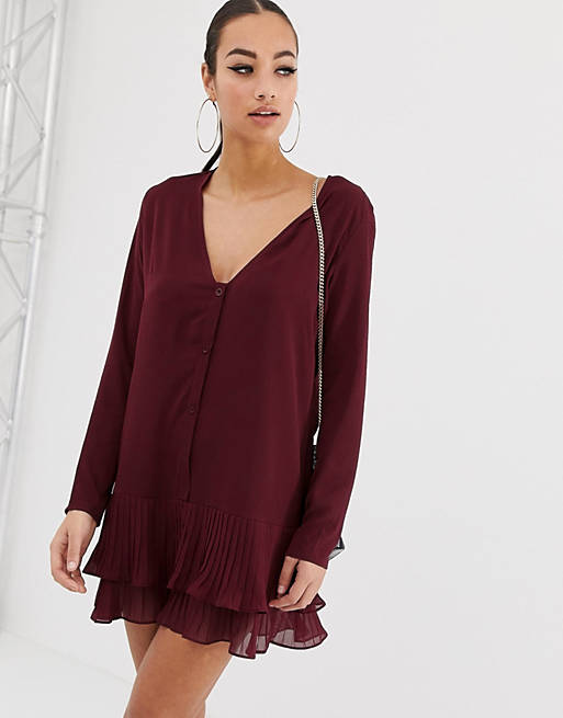 Missguided button through pleated hem mini dress in burgundy