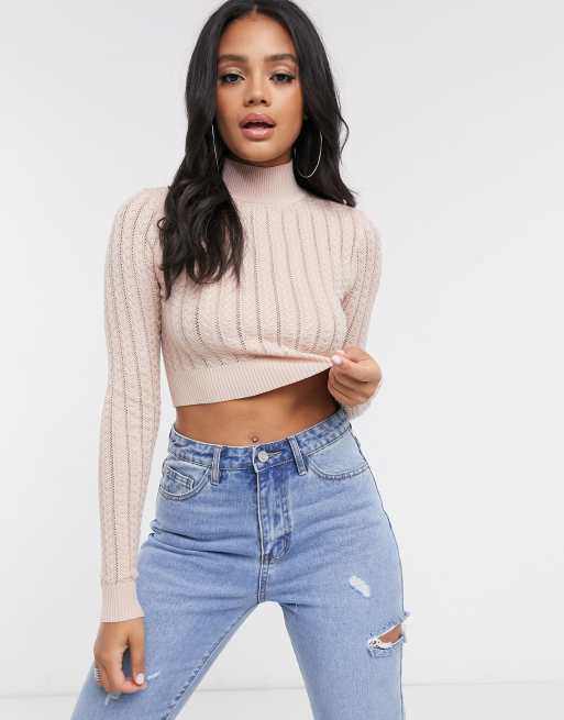 Missguided cable high neck cropped jumper in light pink | ASOS