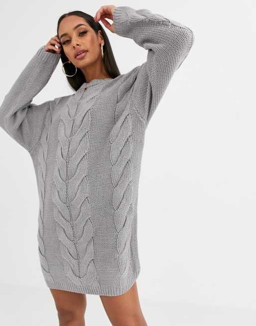 Missguided Cable Knit Jumper Dress In Grey Asos