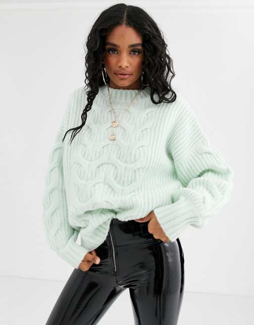 Missguided cable knit sweater in mint | ASOS