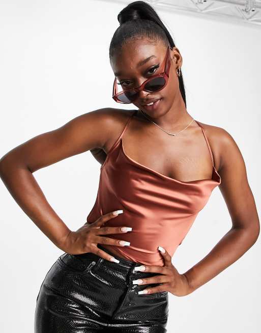 Missguided satin cami top and skirt set in chocolate