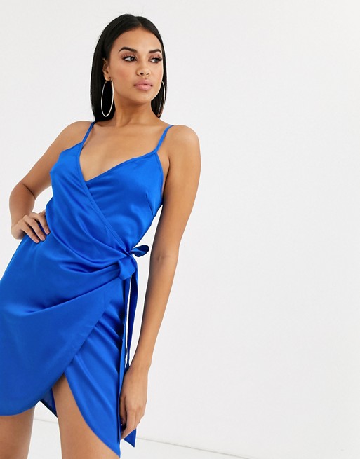 Missguided cami satin dress with tie side in blue