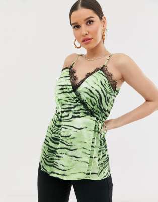 Missguided wrap cami top with lace trim in zebra print-Green Green