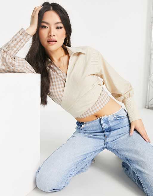 Missguided - Camicia corta allacciata sul davanti color crema a quadri