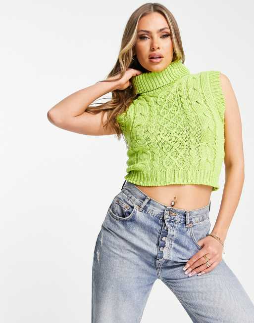 Missguided - Canotta verde accollata in maglia a trecce taglio corto