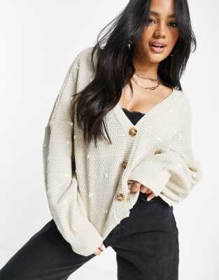 stone polka dot balloon sleeve cardigan