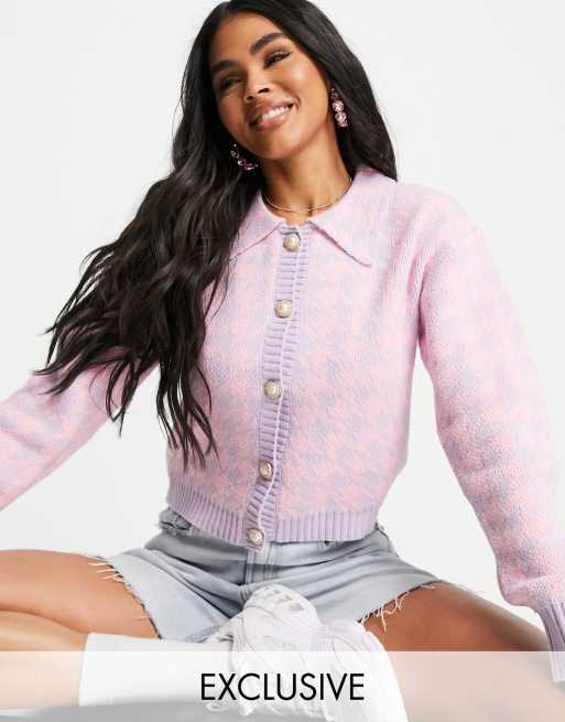 Missguided cardigan with collar in pink houndstooth part of a set ASOS