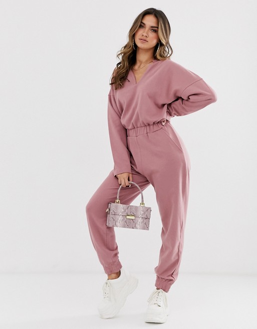 Missguided causal jumpsuit with notch detail in pink