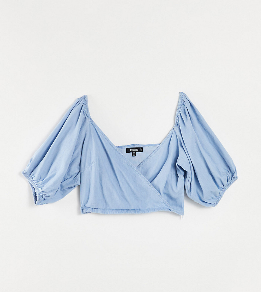 Missguided chambray top with shirred volume sleeve in blue-Blues