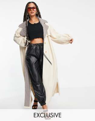 Missguided Check Collar Balloon Sleeve Trench Coat In Sand neutral ModeSens