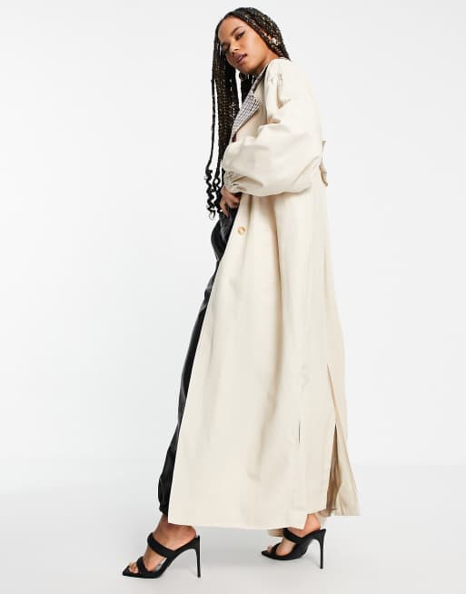 Missguided check collar balloon sleeve trench coat in sand