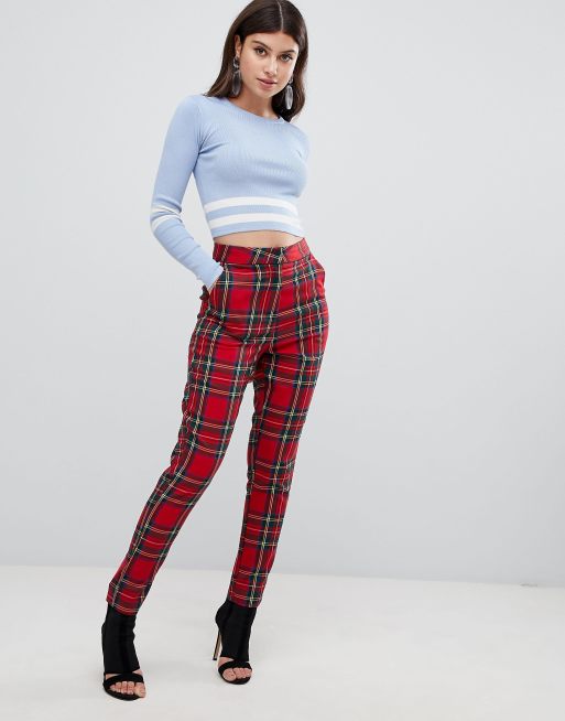 Missguided check high waist pant in red check