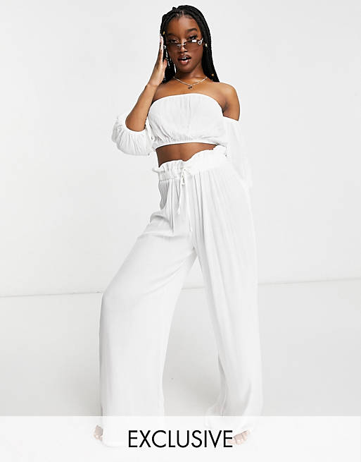 Missguided cheesecloth Bardot top and wide-leg pants set in white