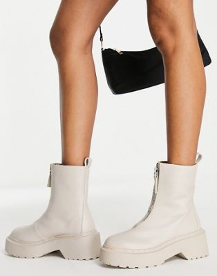 Missguided chunky ankle boot with zip up detail in sand