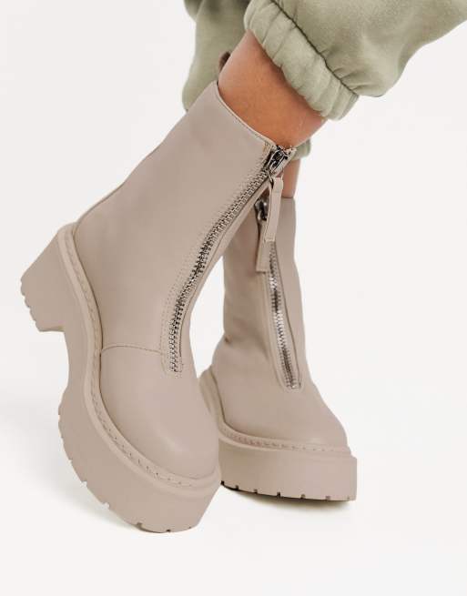 missguided chunky ankle boot with zip up detail in sand