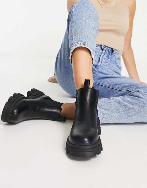 Missguided chunky pull on ankle boots in black faux leather