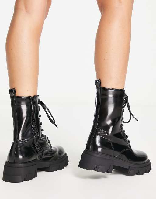 Missguided chunky lace up boots in black faux leather