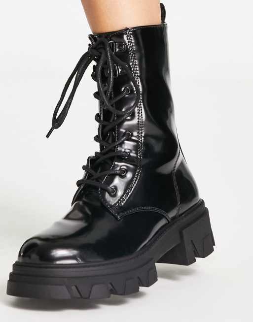 Missguided chunky lace up boots in black faux leather