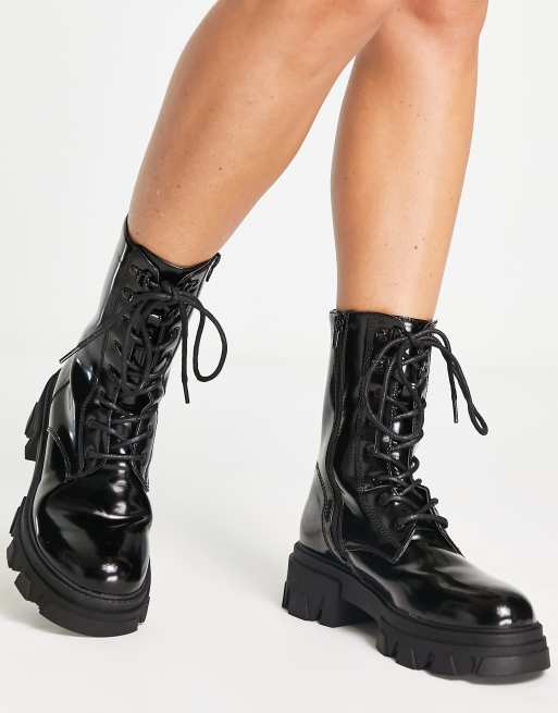 Missguided chunky lace up boots in black faux leather ASOS