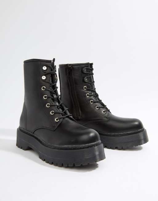 black faux leather lace up chunky boots