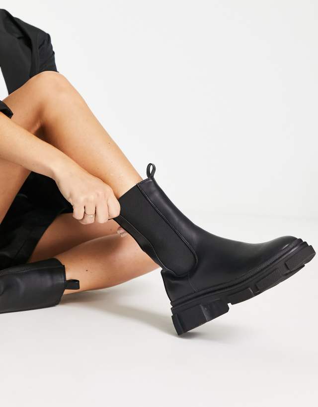 Missguided chunky pull on ankle boots in black faux leather