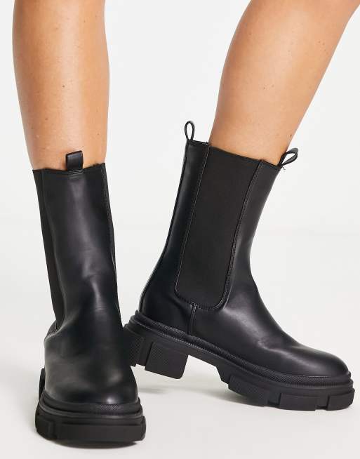 Missguided chunky pull on ankle boots in black faux leather