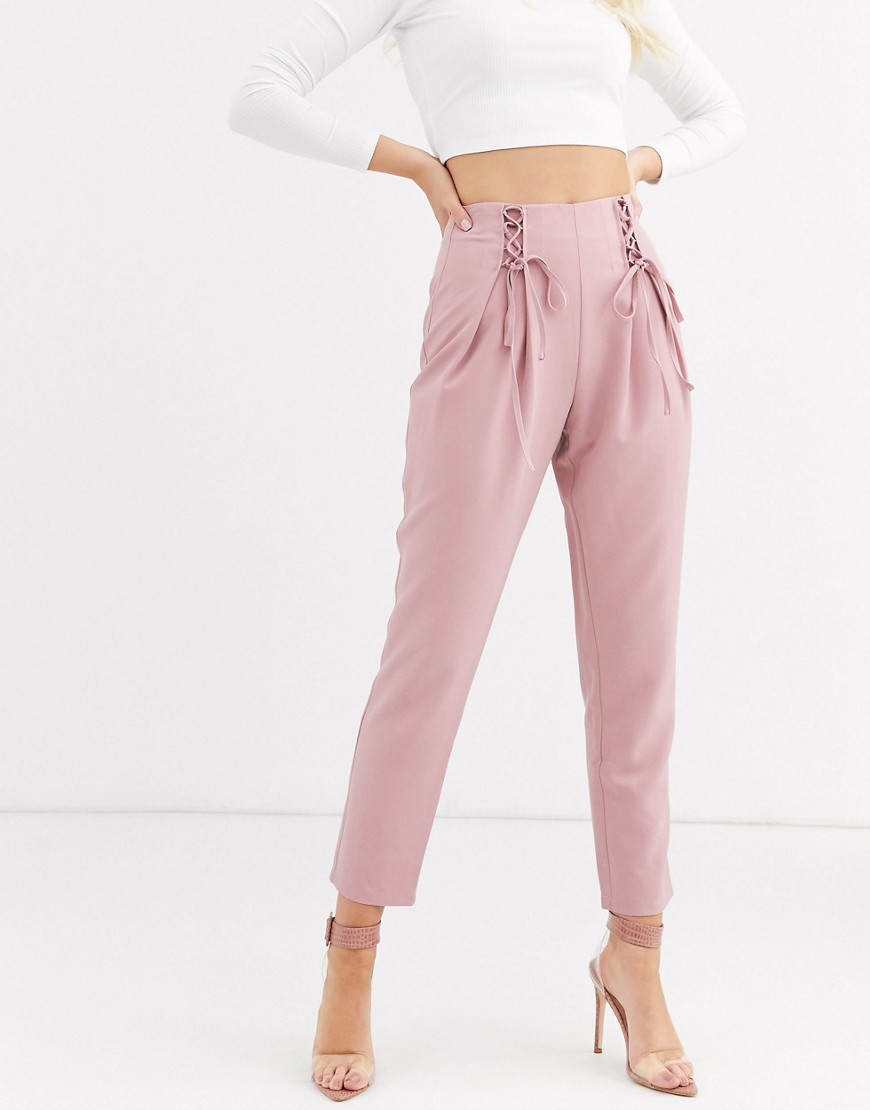 Missguided cigarette trousers with lace up detail in blush-Pink