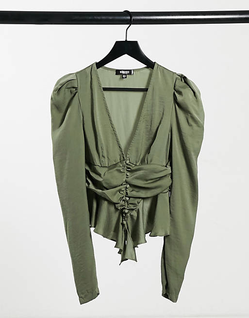 Missguided cinched waist blouse with buttons in khaki satin
