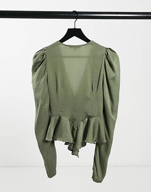  Shirts & Blouses/Missguided cinched waist blouse with buttons in khaki satin 