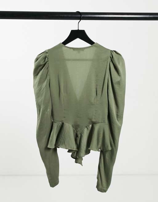 Missguided cinched waist blouse with buttons in khaki satin, 2 of 4