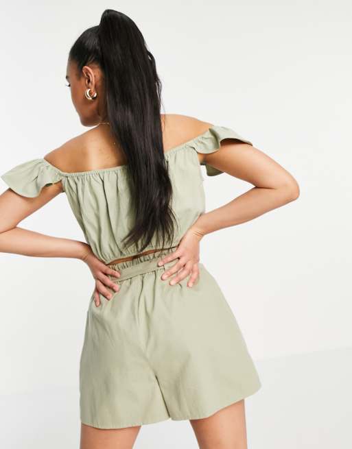 Missguided co-ord bardot crop top in khaki chambray, 2 of 4