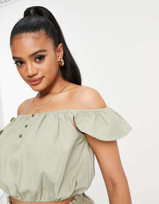 Missguided co-ord bardot crop top in khaki chambray, 3 of 4