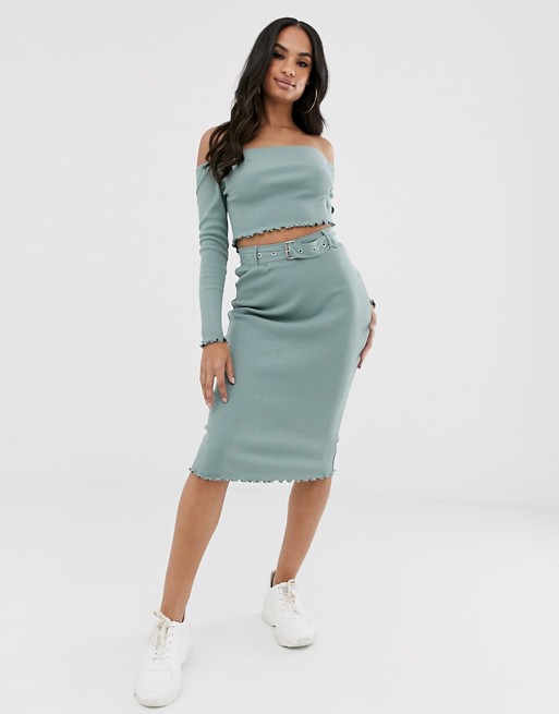 Missguided co-ord belted skirt with lettuce hem in blue