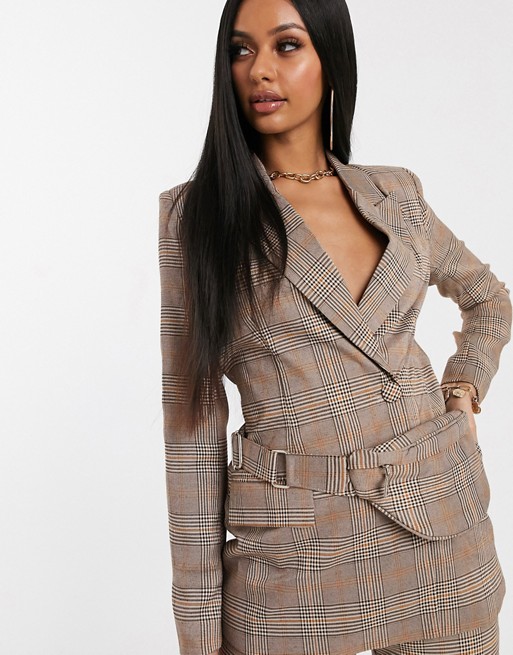 Missguided co-ord blazer with bumbag in neutral check