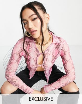 Missguided co-ord button front crop top in pink snake