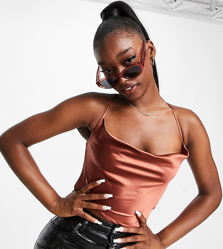 Missguided co-ord cami cowl neck crop top in chocolate satin-Brown