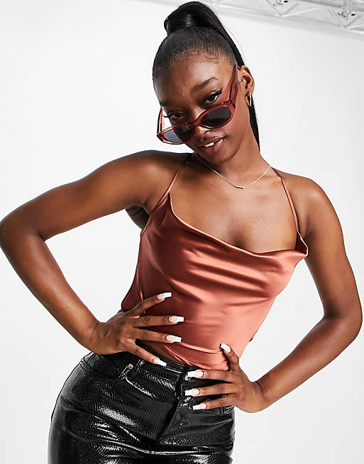 Missguided co-ord cami cowl neck crop top in chocolate satin