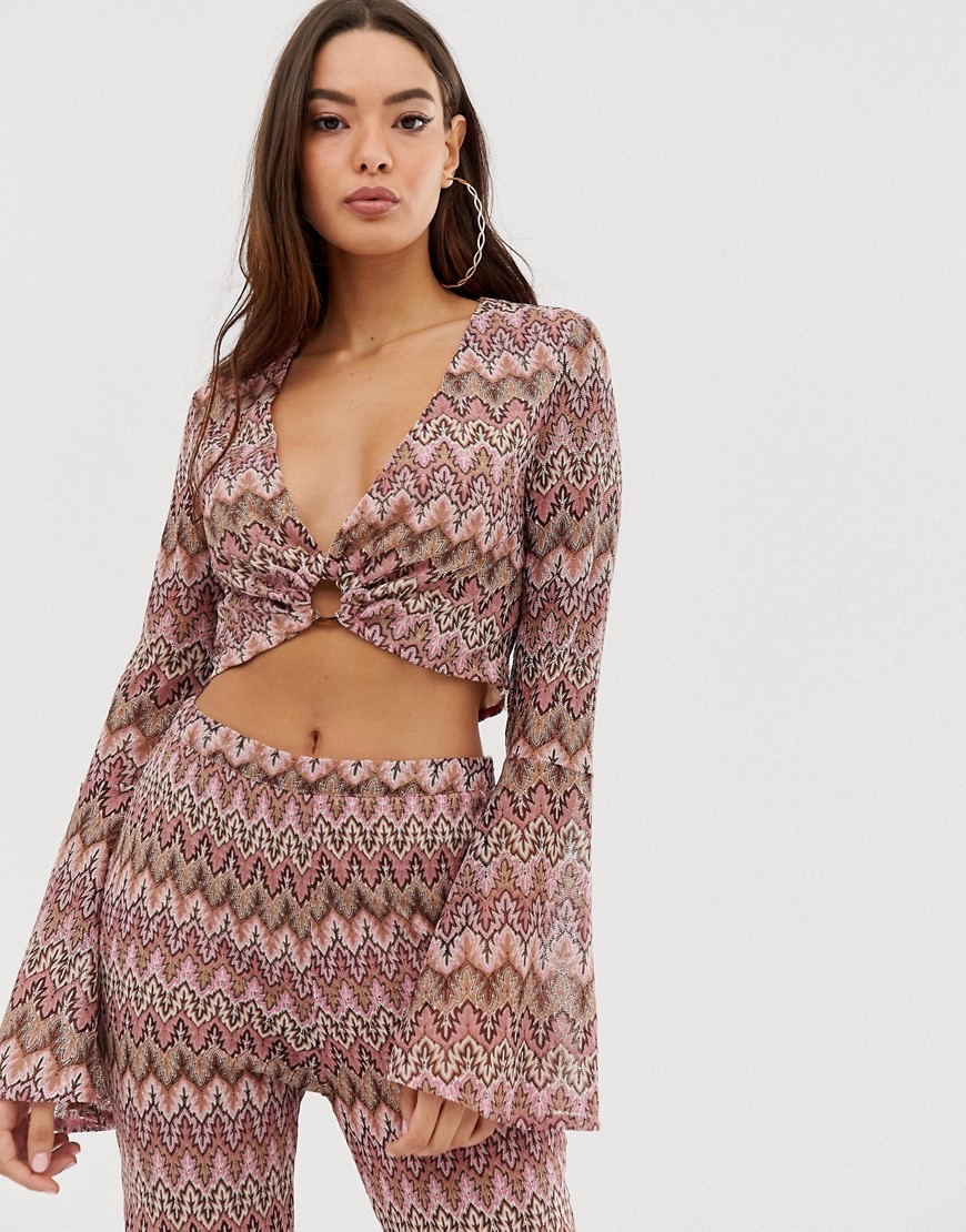 Missguided co-ord crop top in pink chevron with flared sleeves-Multi