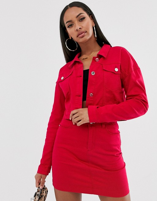 Missguided co-ord cropped denim jacket in raspberry